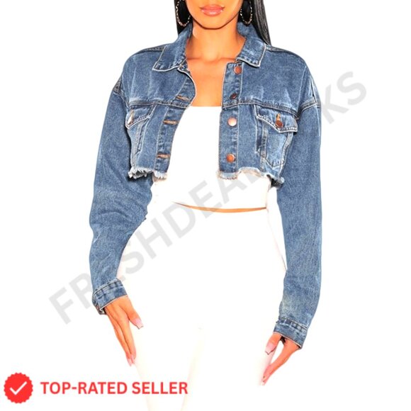 Cropped Denim Jacket Long Sleeve Button Down Fitted Crop Top Coat